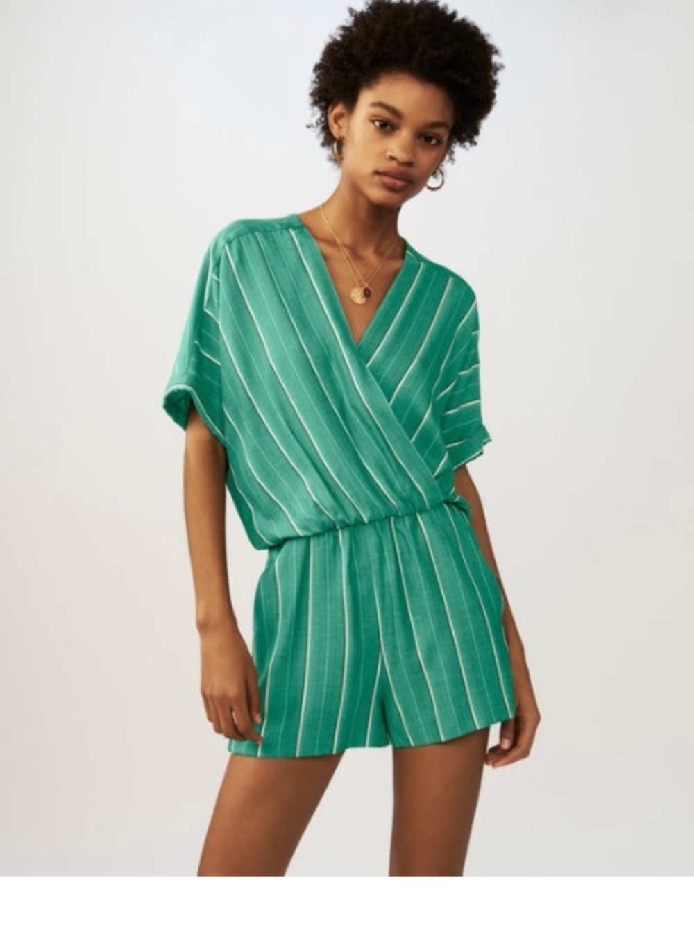 Maje Green and White Striped Romper Shorts High Quality Comfy